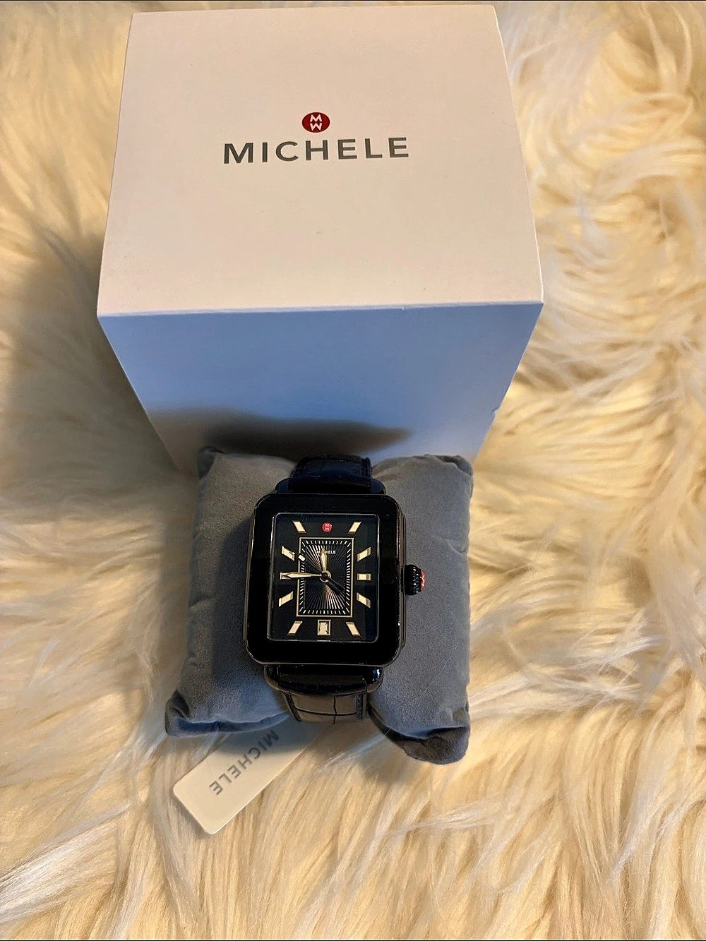 Michele Black Deco Watch with Black Alligator Plastic Strap